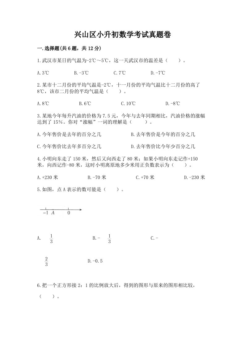 兴山区小升初数学考试真题卷新版