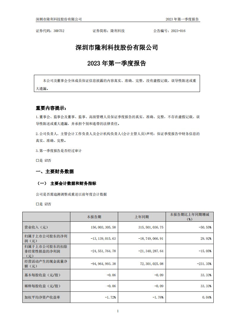 深交所-隆利科技：2023年一季度报告-20230421