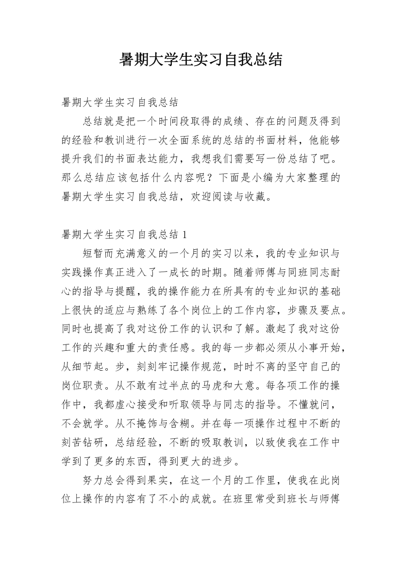 暑期大学生实习自我总结