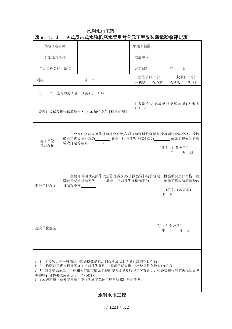 SL636水轮发电机组安装工程质量评定表