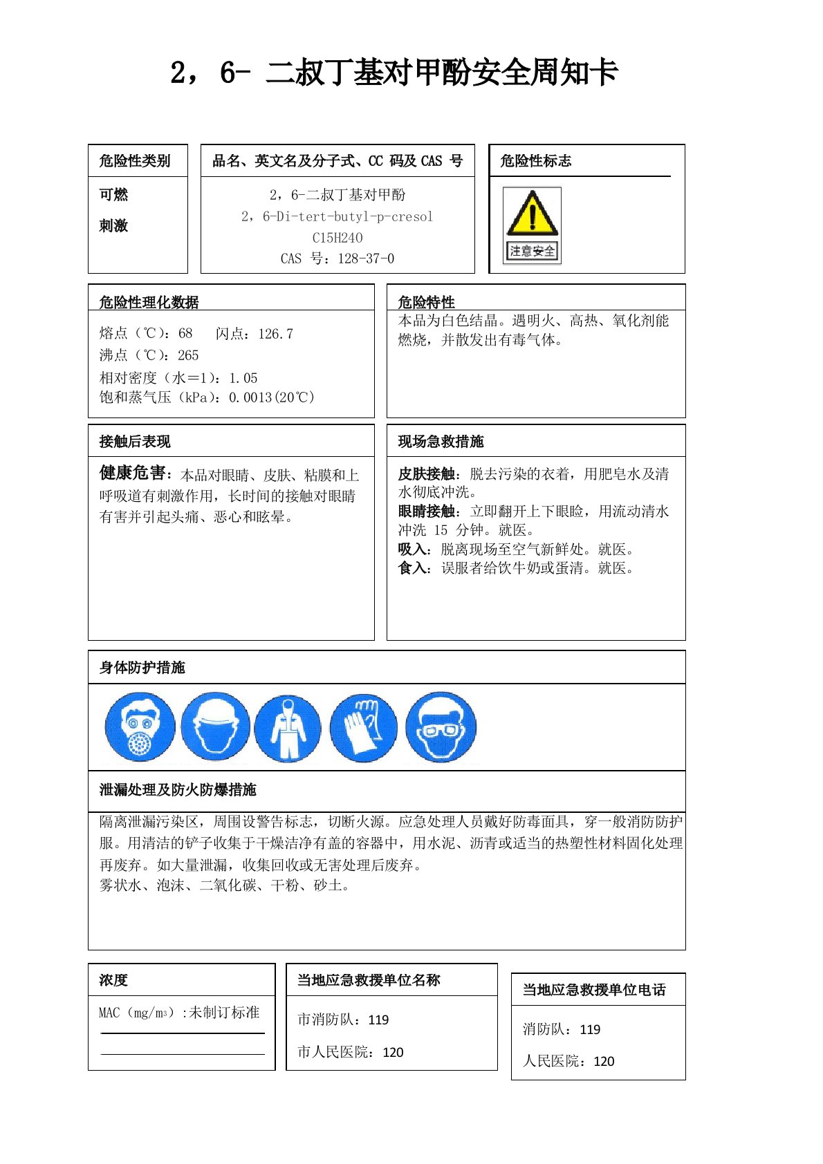 2,6-二叔丁基对甲酚安全周知卡、职业危害告知卡、理化特性表
