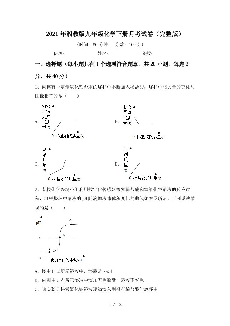 2021年湘教版九年级化学下册月考试卷完整版