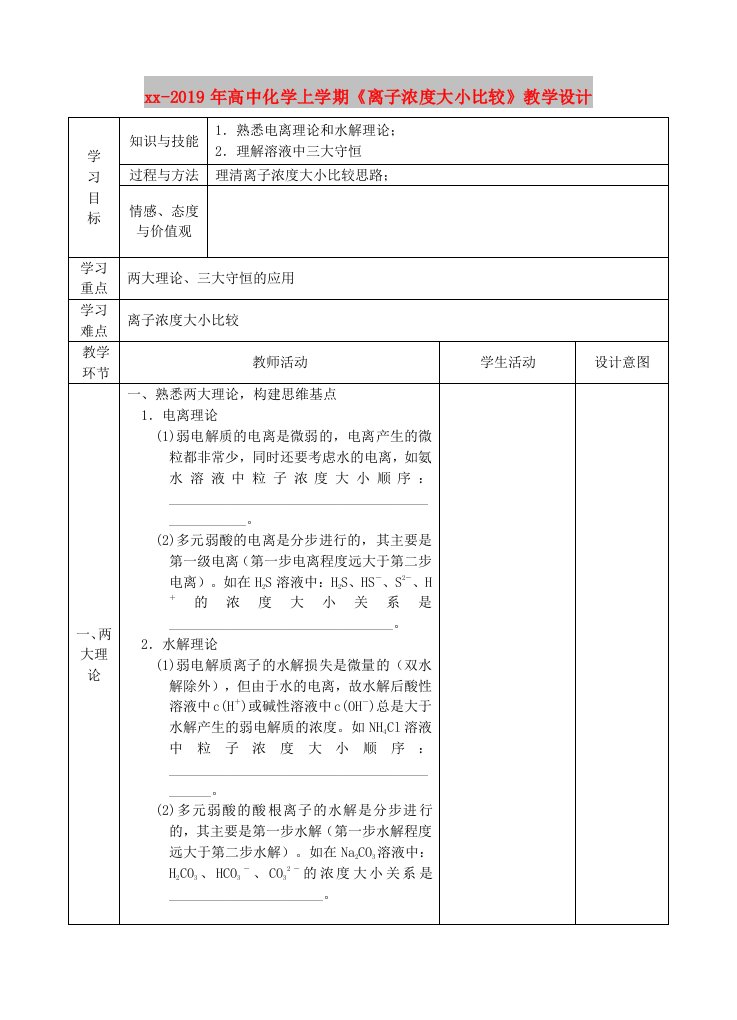 2018-2019年高中化学上学期《离子浓度大小比较》教学设计