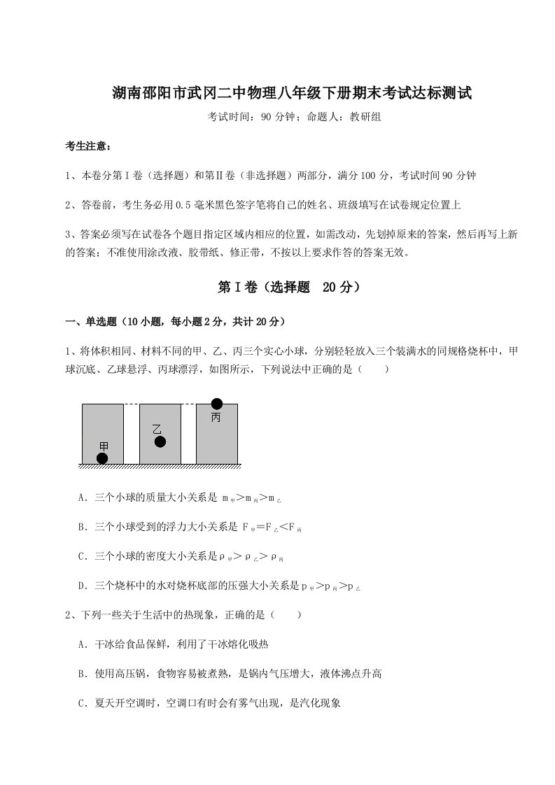 专题对点练习湖南邵阳市武冈二中物理八年级下册期末考试达标测试试题（含解析）