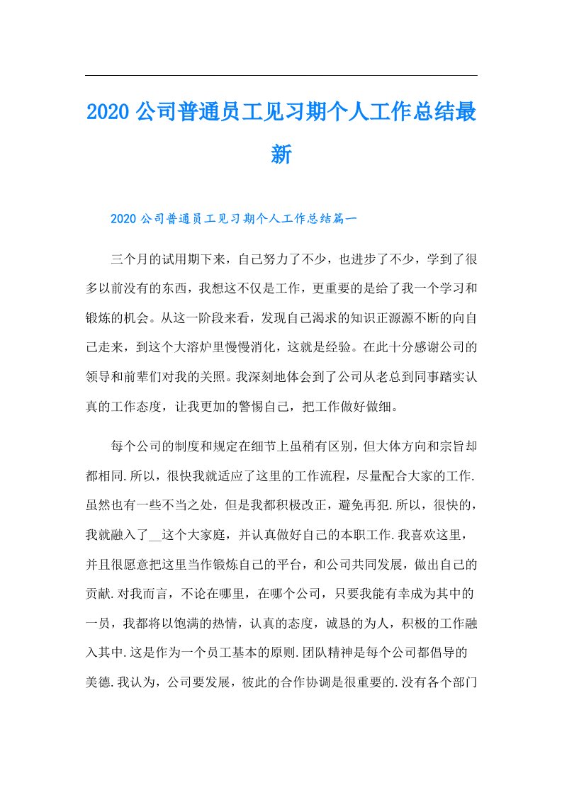 公司普通员工见习期个人工作总结最新