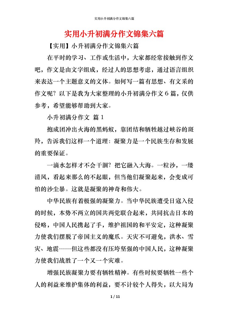 精编实用小升初满分作文锦集六篇