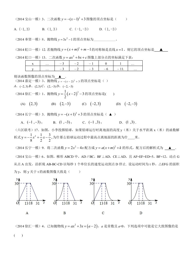 上海市各区一模二次函数汇总