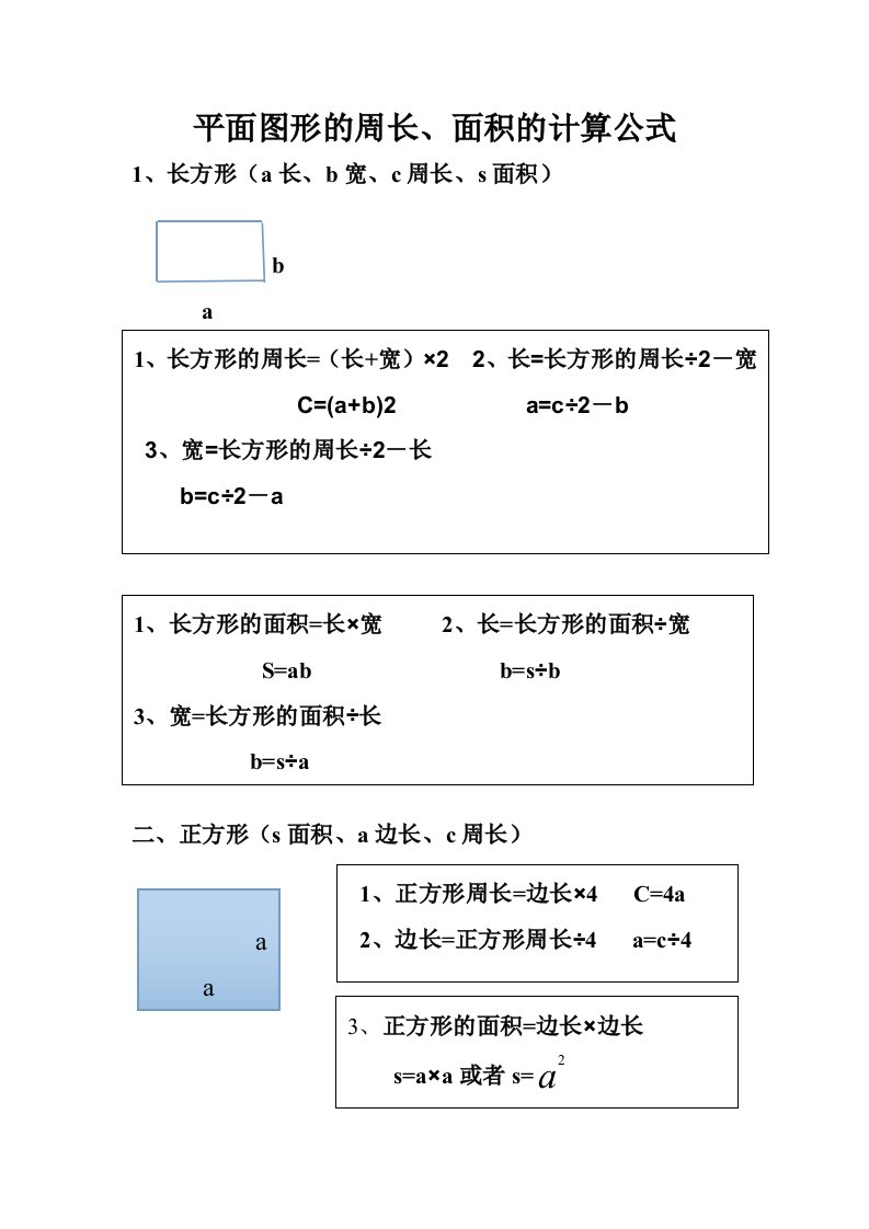 平面图形的周长、面积计算公式