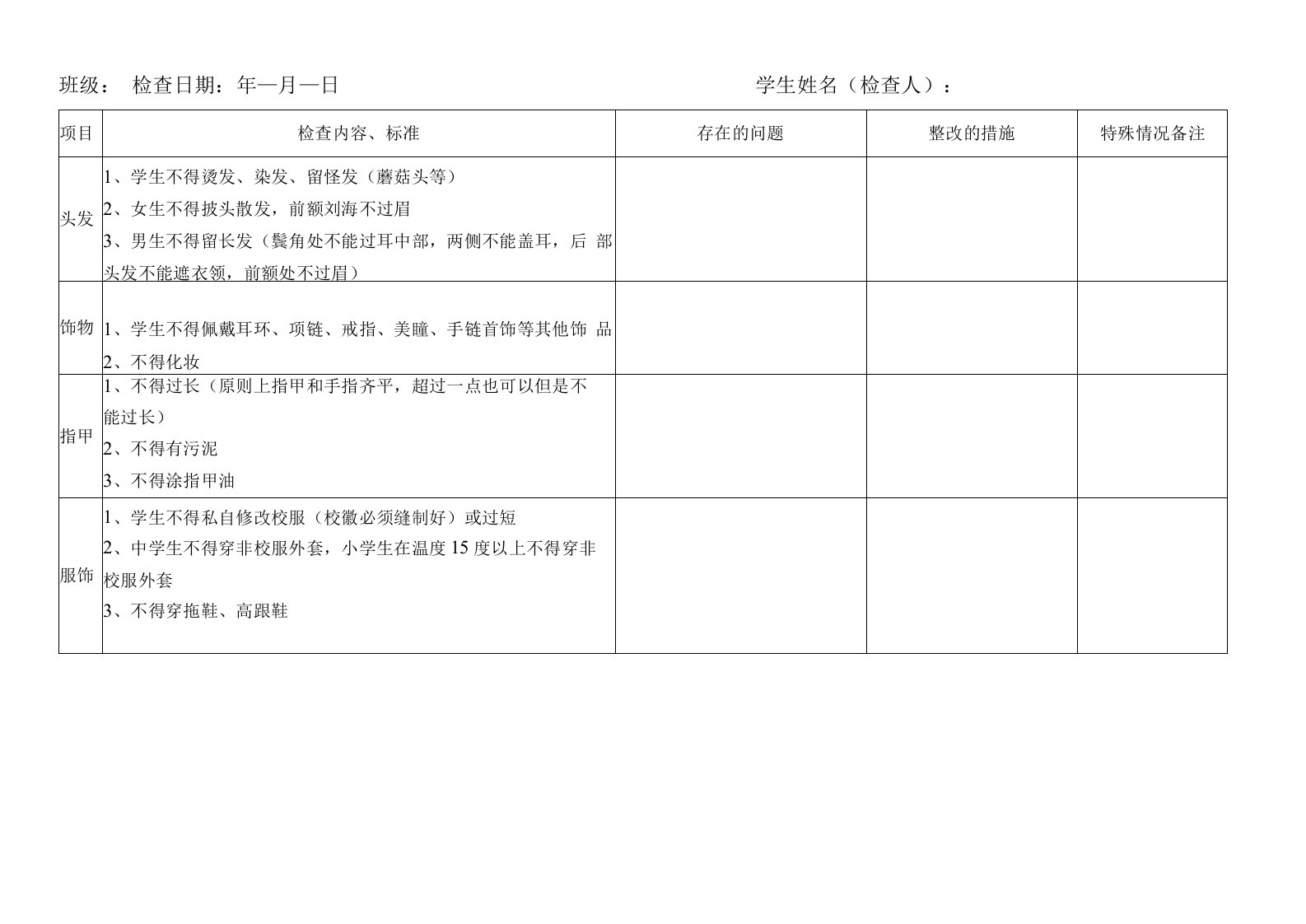 学校仪容仪表自查表