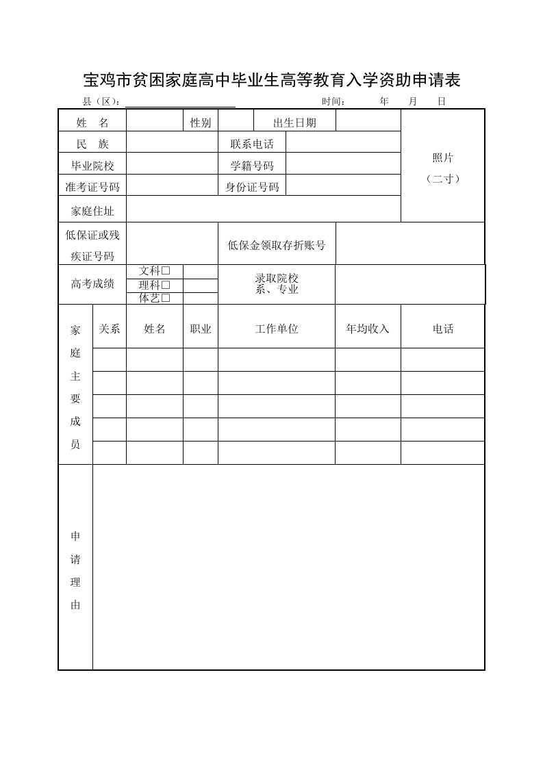 宝鸡市贫困家庭高中毕业生高等教育入学资助申请表