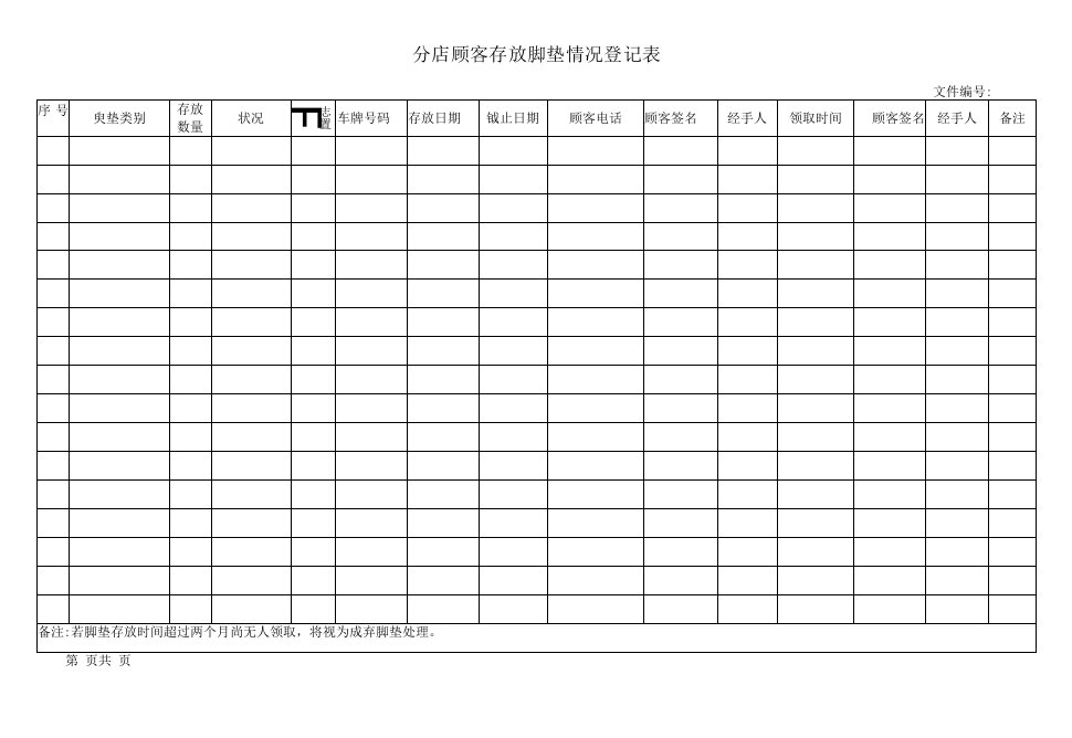 分店顾客存放脚垫情况登记表