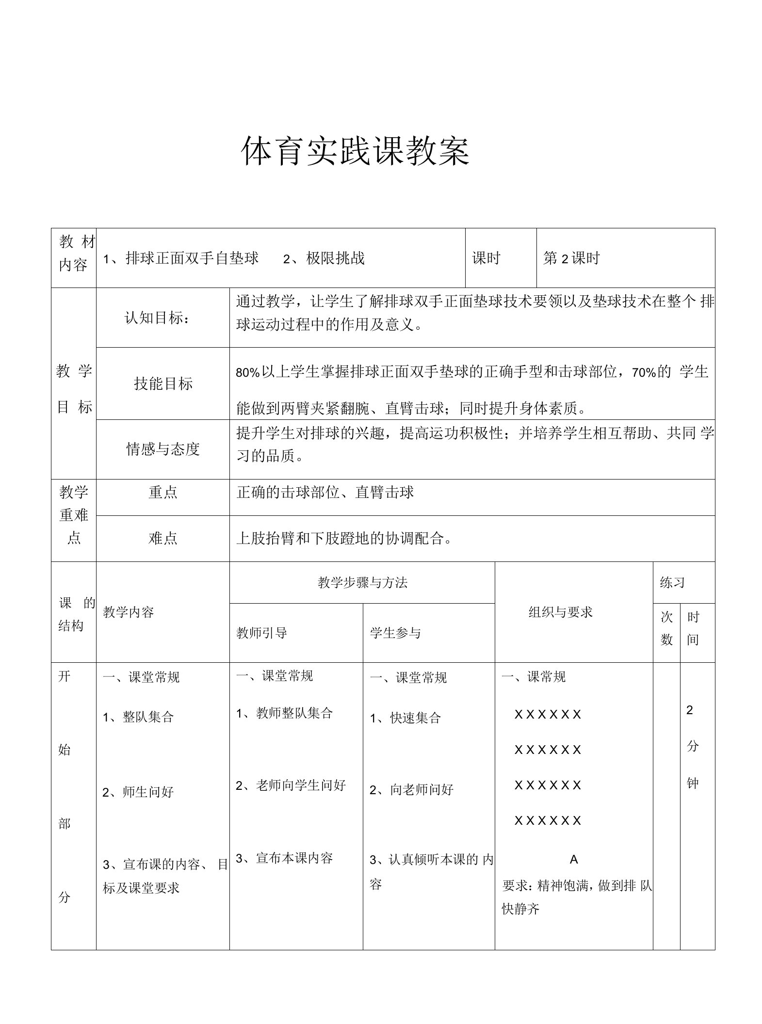 小学体育与健康人教5～6年级全一册第三部分体育运动技能软式排球正面双手垫球教案