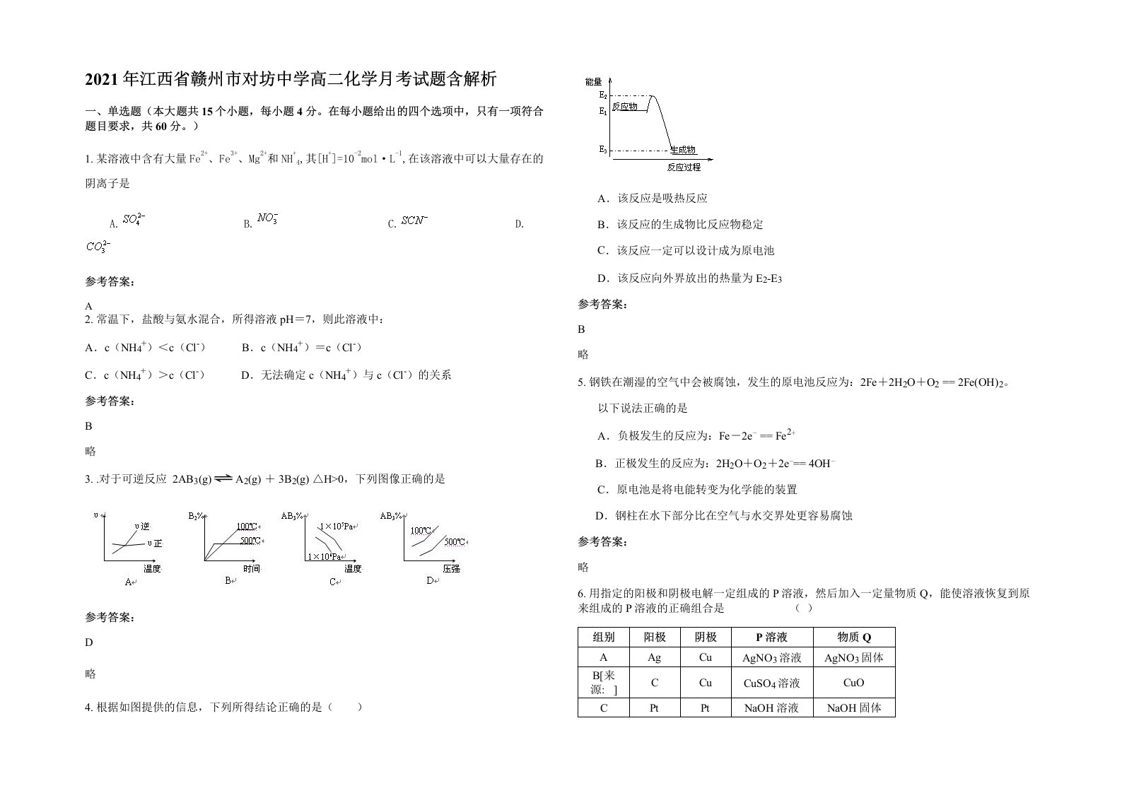 2021年江西省赣州市对坊中学高二化学月考试题含解析