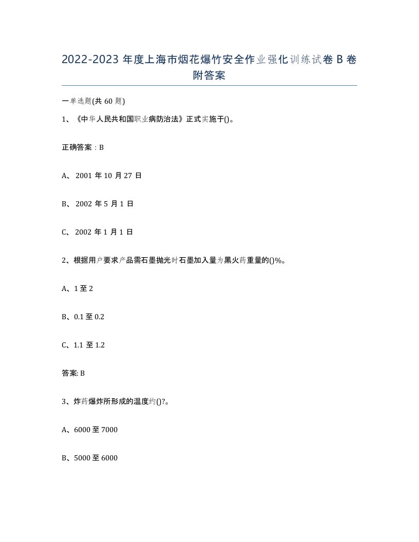 20222023年度上海市烟花爆竹安全作业强化训练试卷B卷附答案