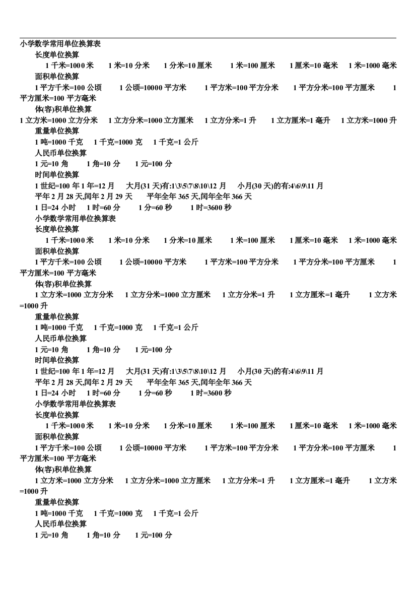 小学数学常用单位换算表