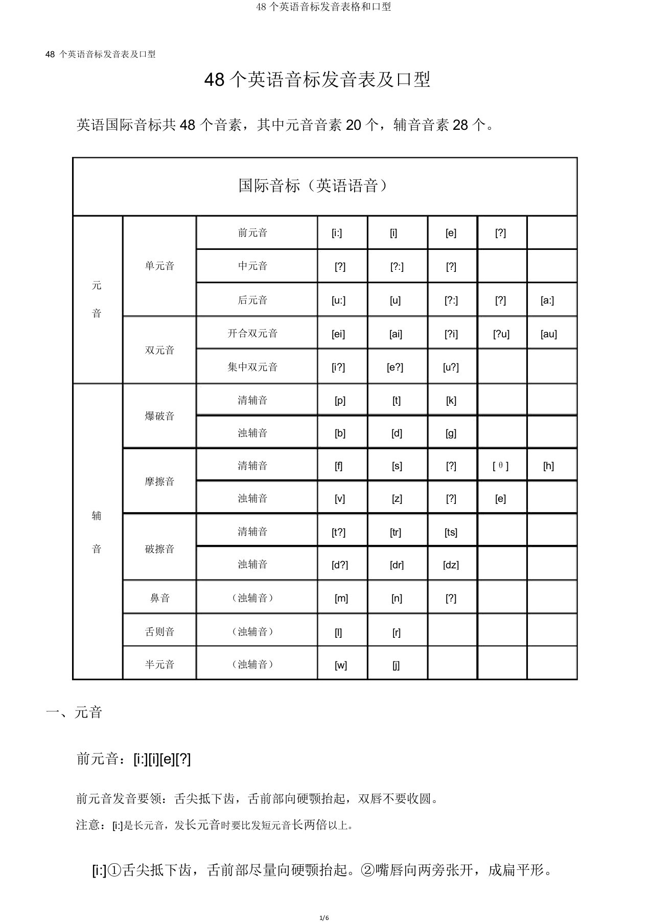 48个英语音标发音表格和口型