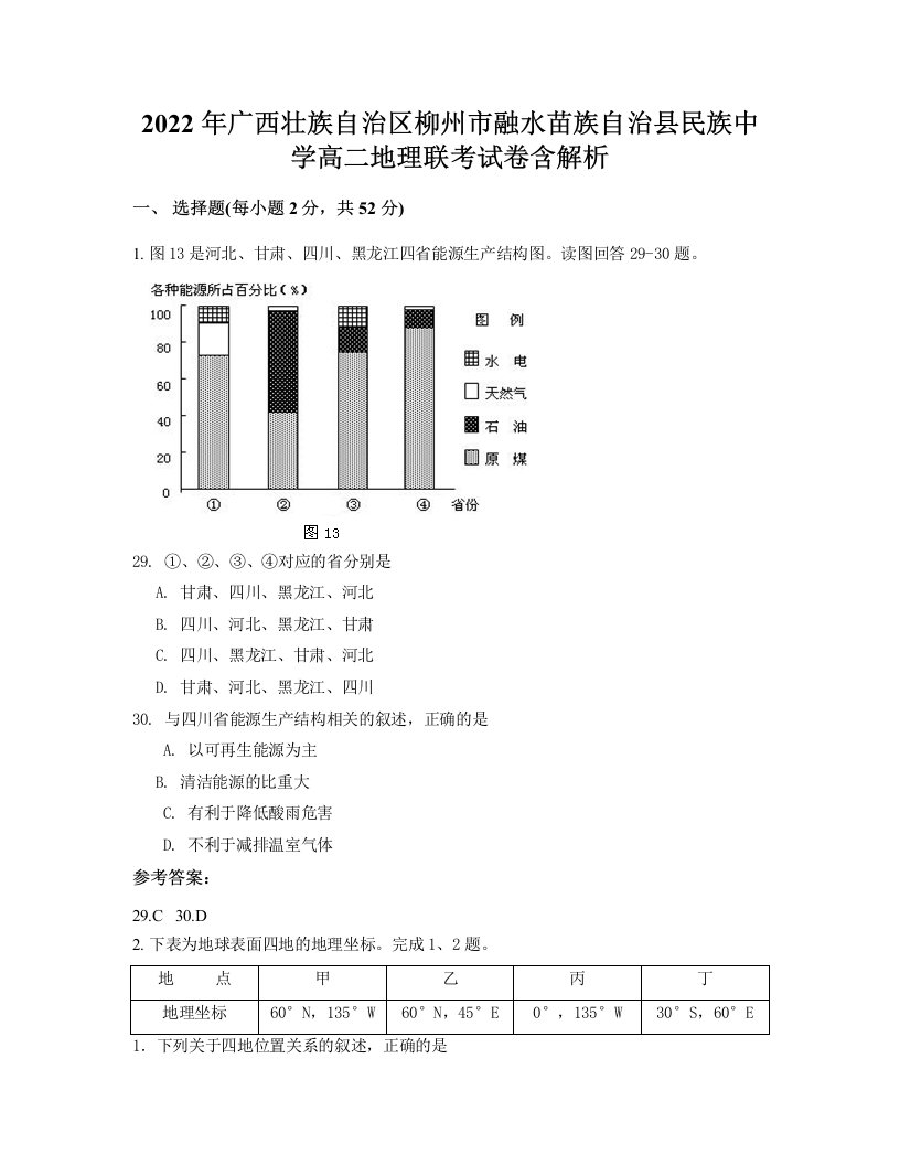 2022年广西壮族自治区柳州市融水苗族自治县民族中学高二地理联考试卷含解析