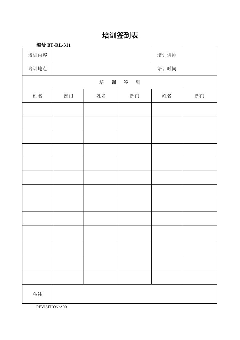 表格模板-BTRL311培训签到表