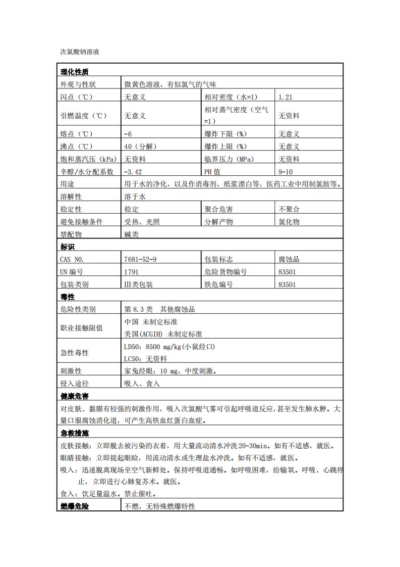 次氯酸钠溶液安全技术说明书