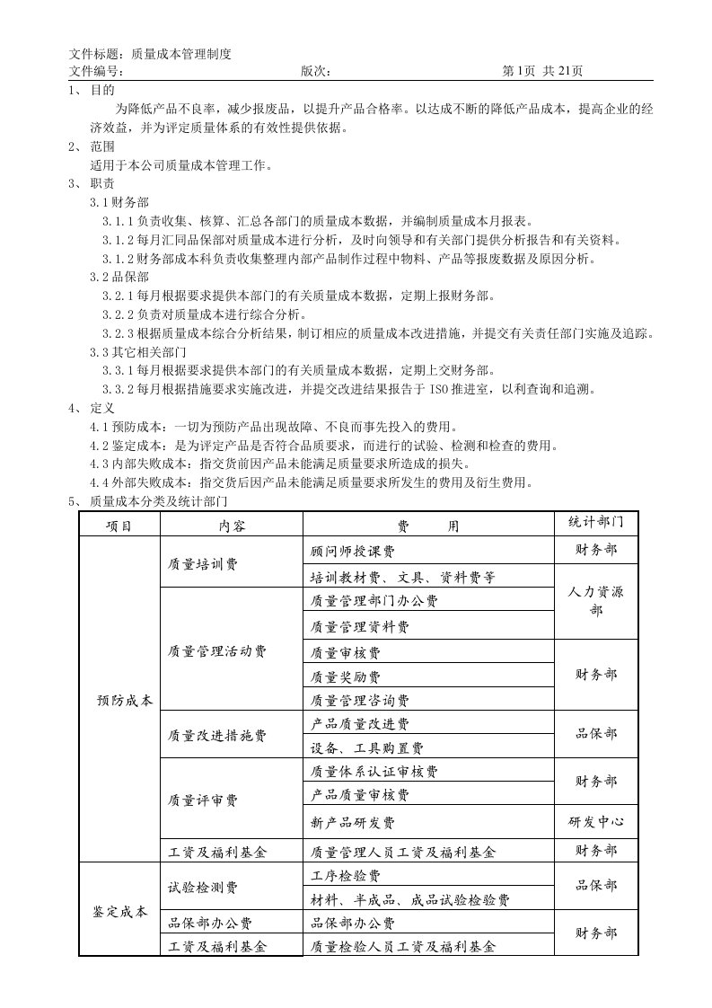 质量成本管理制度