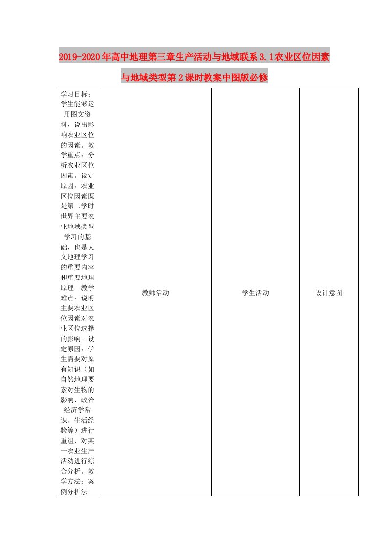 2019-2020年高中地理第三章生产活动与地域联系3.1农业区位因素与地域类型第2课时教案中图版必修