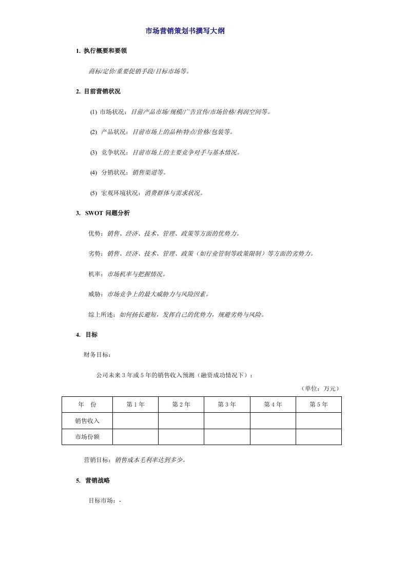 市场营销策划书大纲