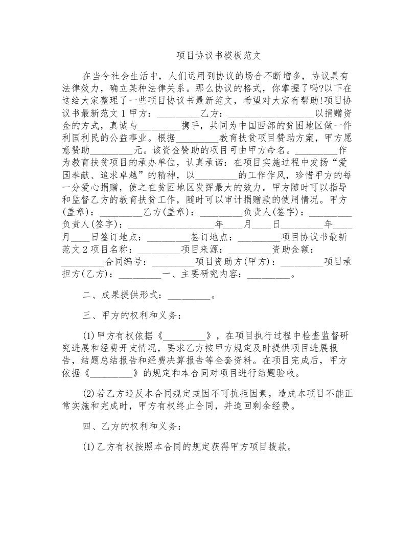 项目协议书模板范文