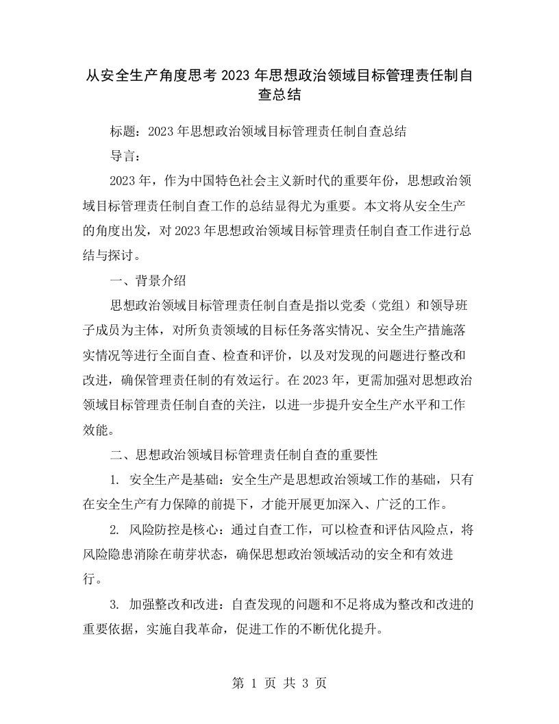 从安全生产角度思考2023年思想政治领域目标管理责任制自查总结