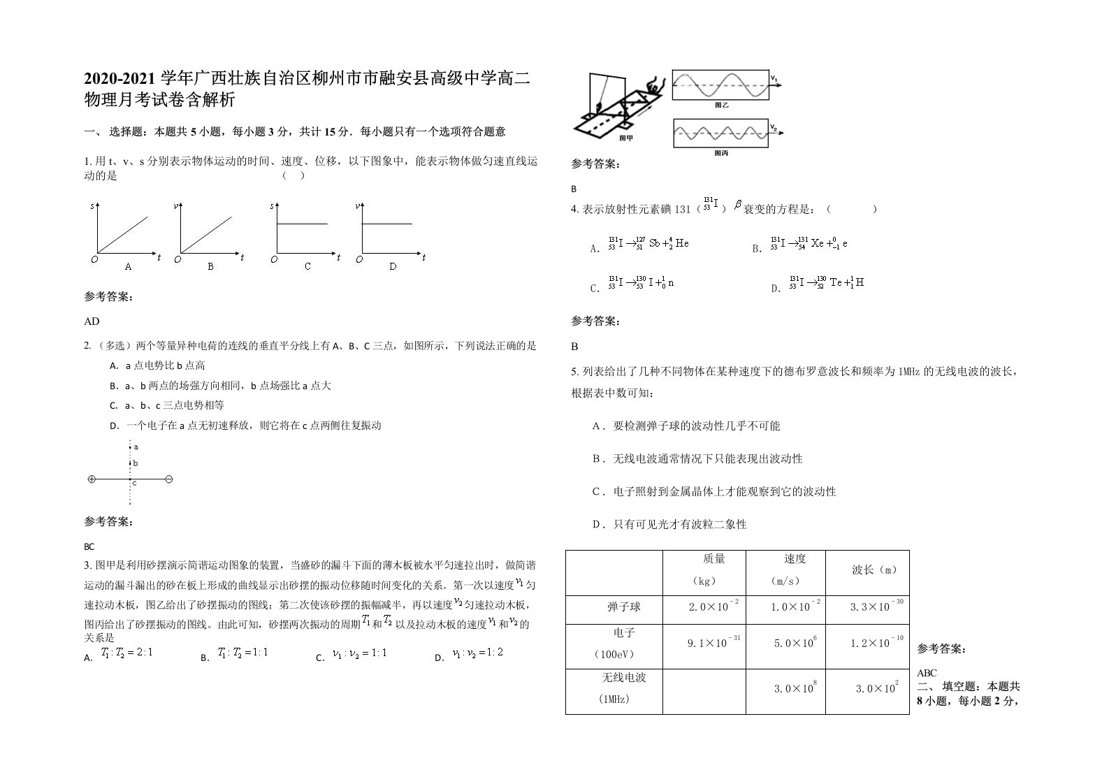 2020-2021学年广西壮族自治区柳州市市融安县高级中学高二物理月考试卷含解析