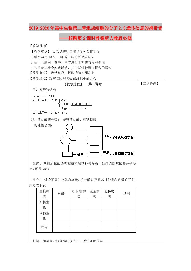 2019-2020年高中生物第二章组成细胞的分子2.3遗传信息的携带者──核酸第2课时教案新人教版必修