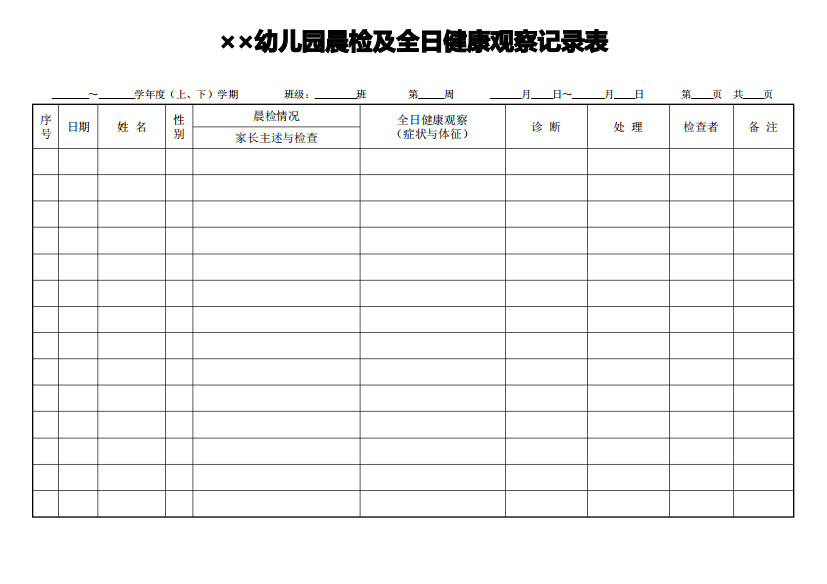 幼儿园晨检及全日健康观察记录表