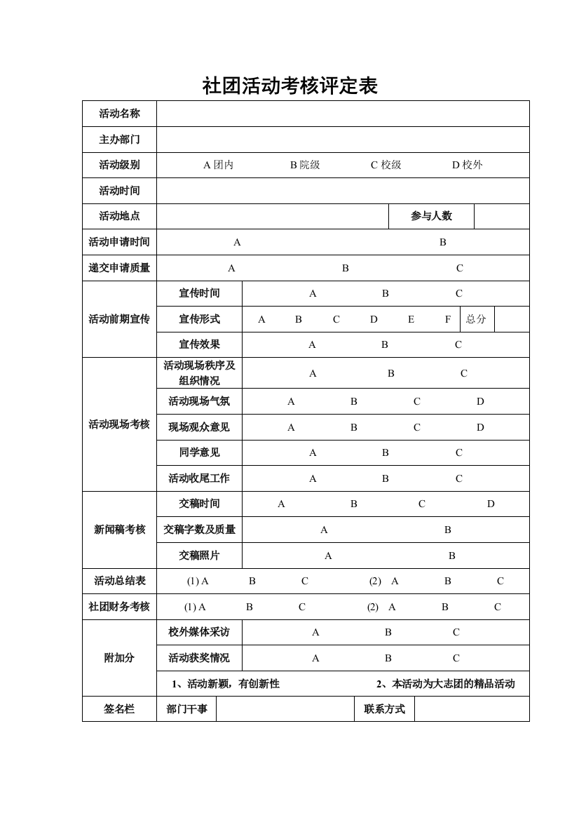 大学社团下属部门活动考评表