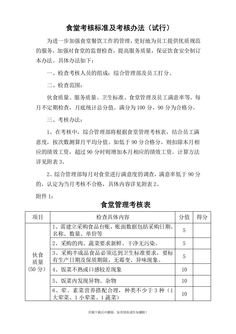 食堂考核标准及考核办法