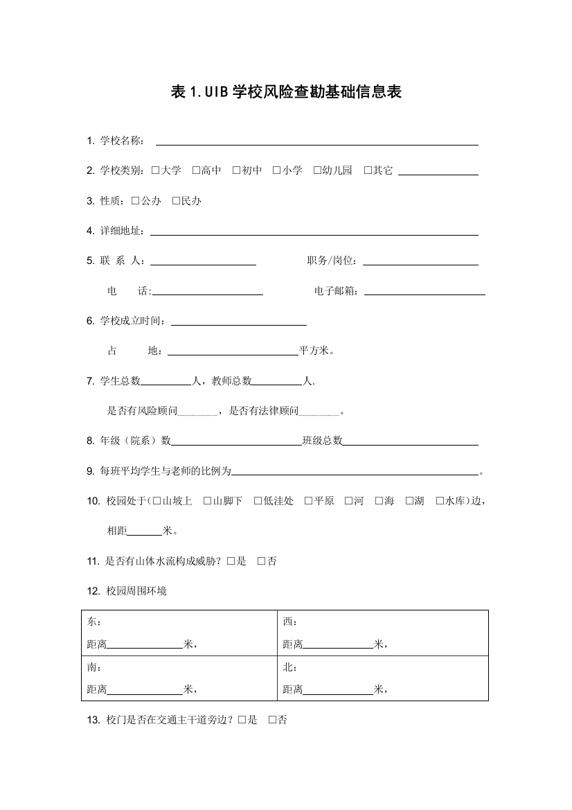 表1UIB学校风险查勘基础信息表