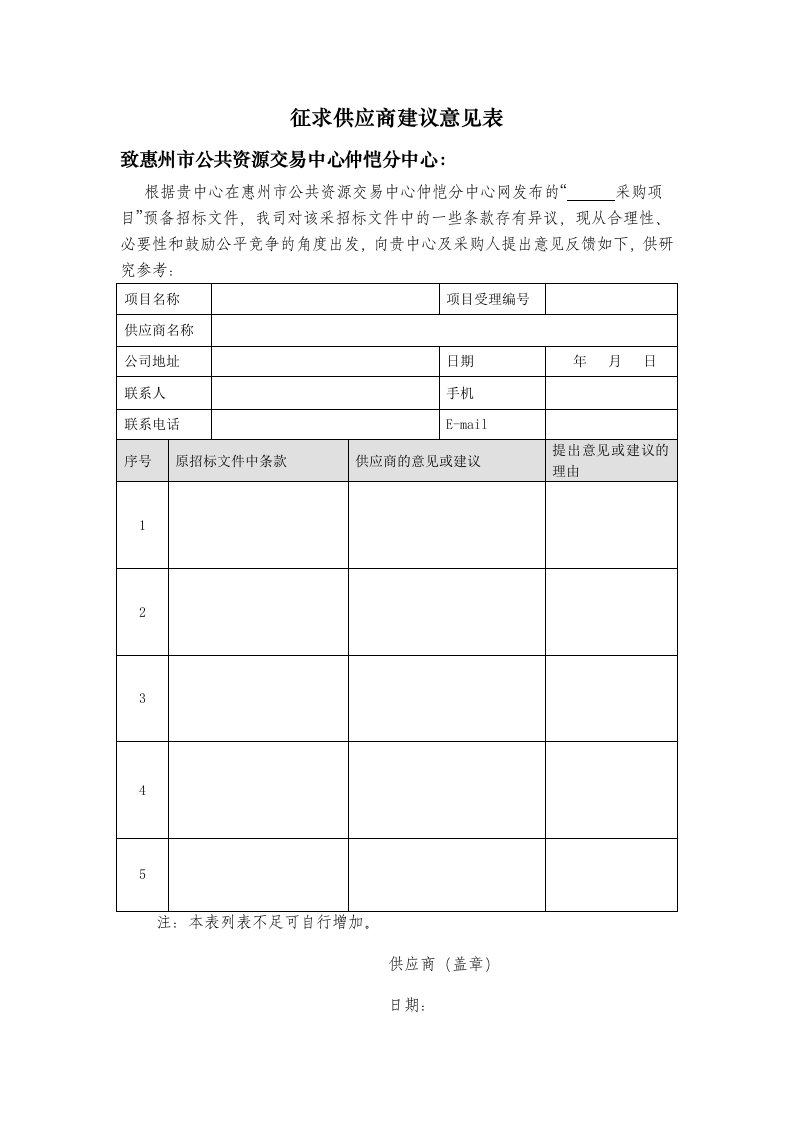 征求供应商建议意见表