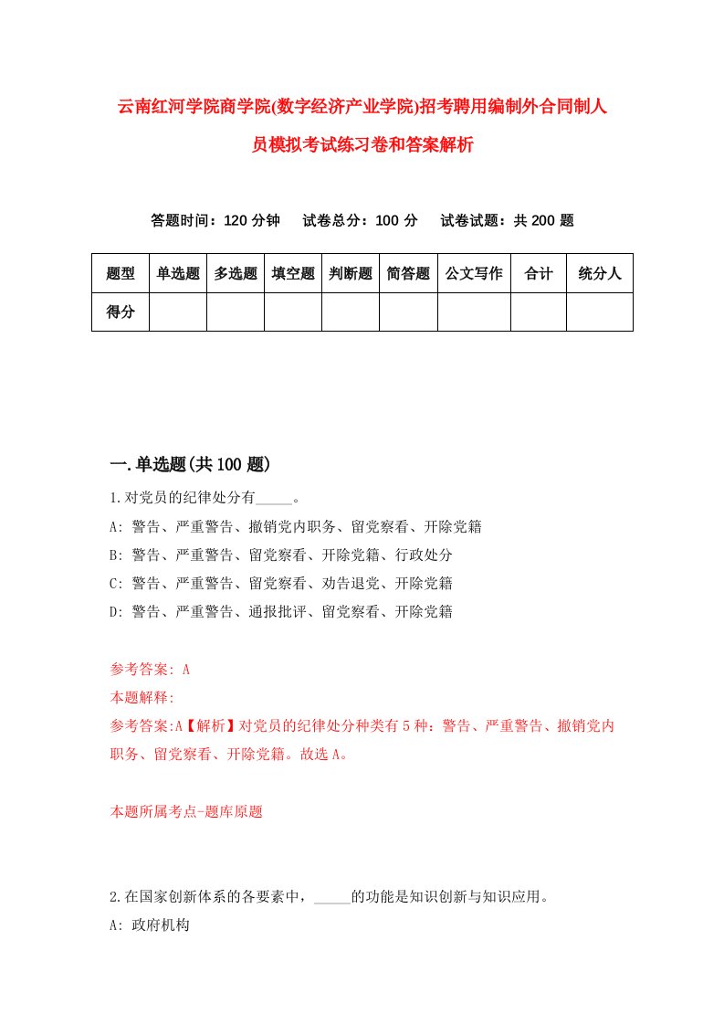 云南红河学院商学院(数字经济产业学院)招考聘用编制外合同制人员模拟考试练习卷和答案解析（第1卷）