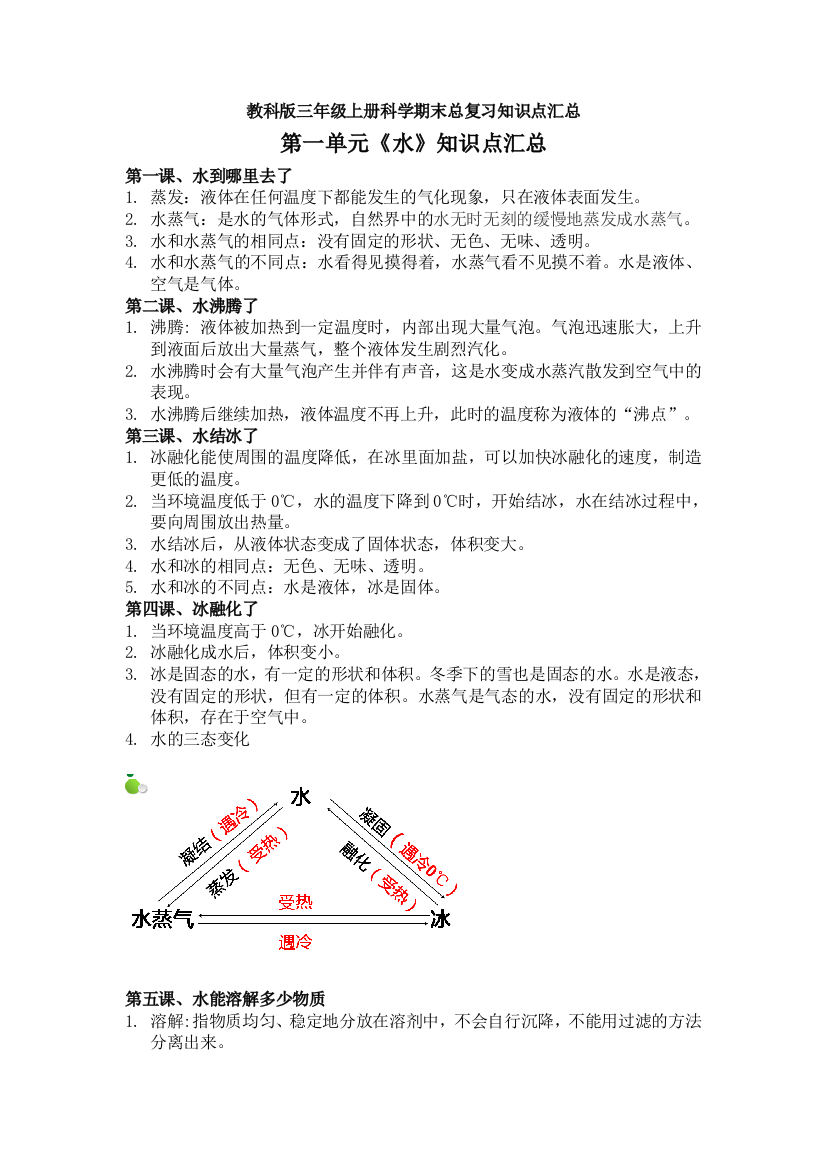 教科版三年级上册科学期末总复习知识点汇总