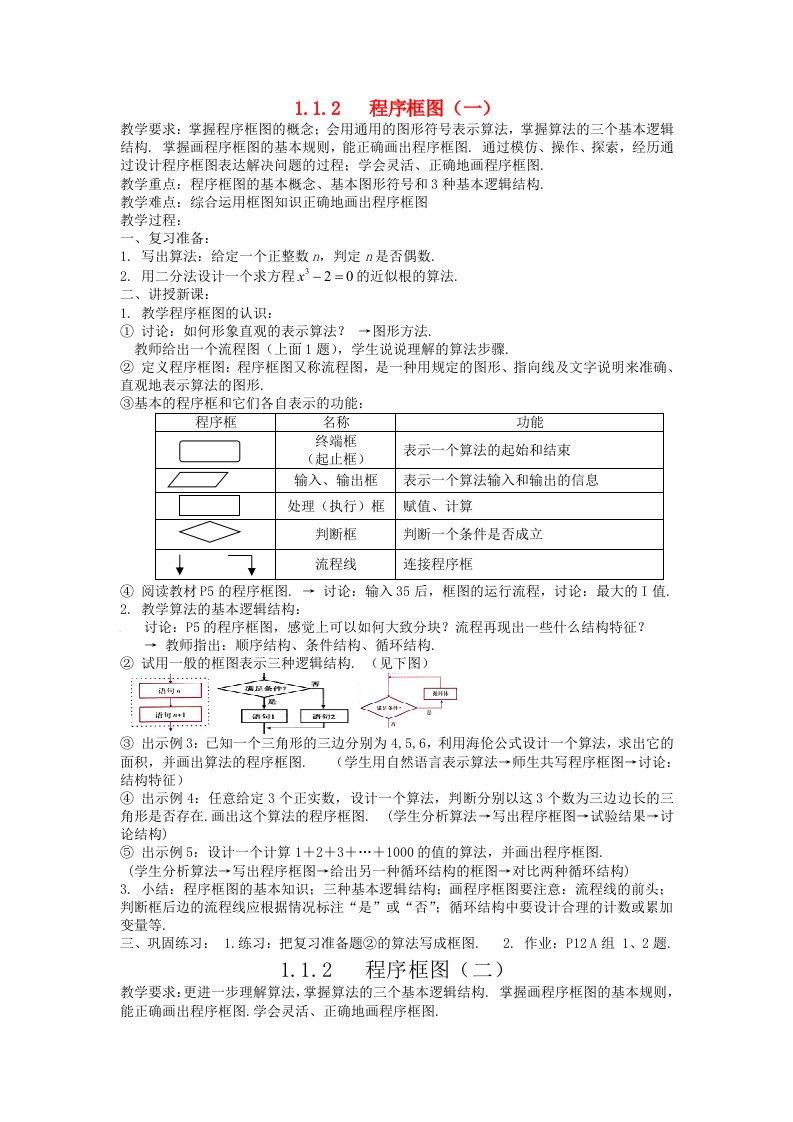 高中数学程序框图与算法的基本逻辑结构教案1新人教A版必修3