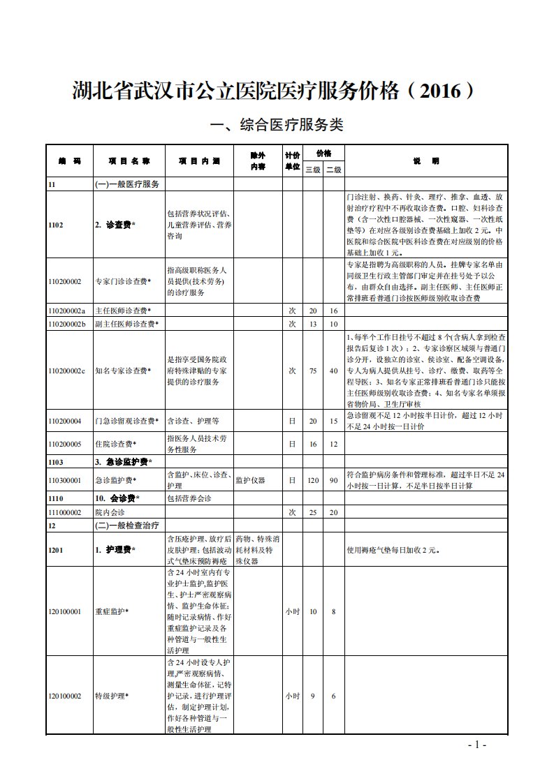 湖北省武汉市公立医院医疗服务价格(2016)