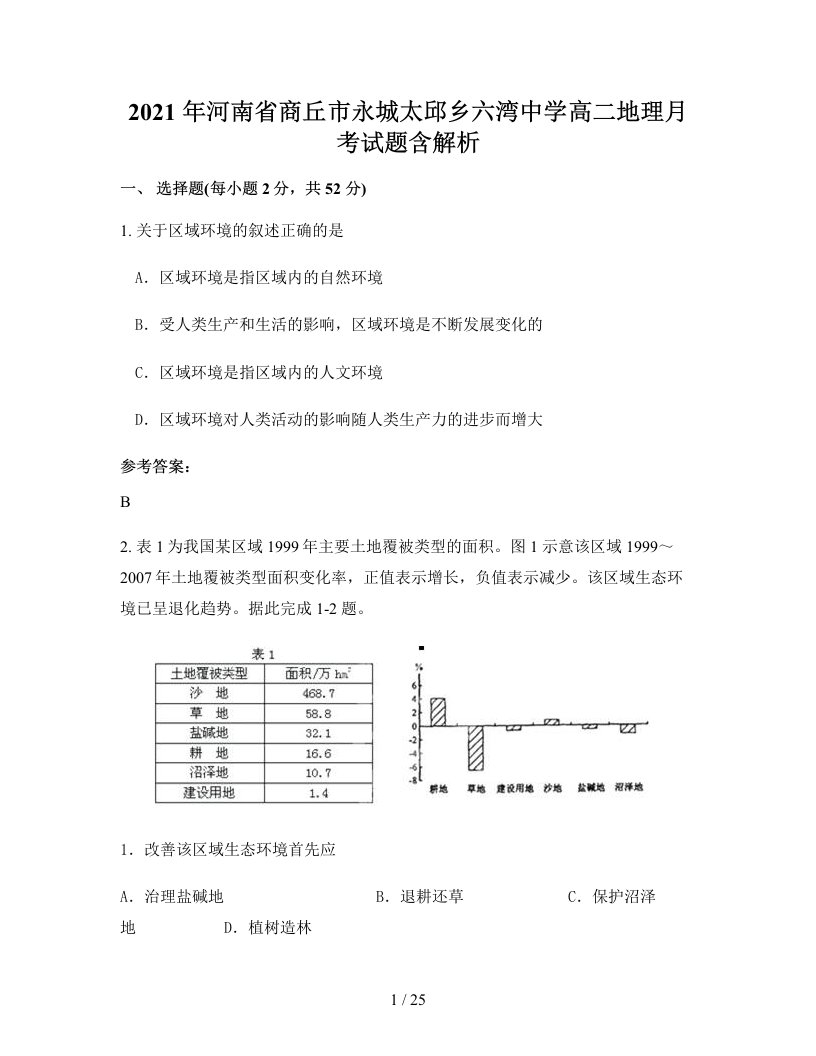 2021年河南省商丘市永城太邱乡六湾中学高二地理月考试题含解析