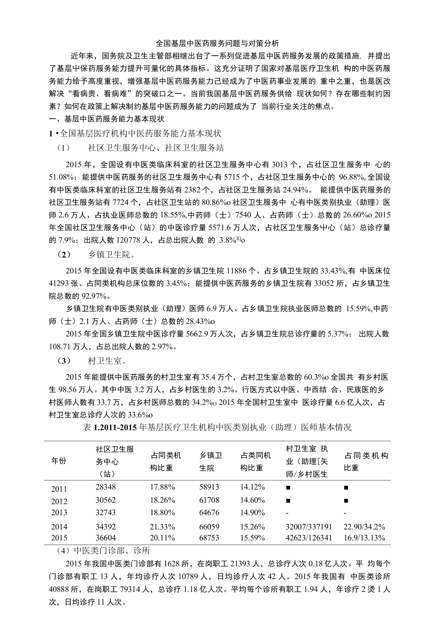 全国基层中医药服务问题与对策分析