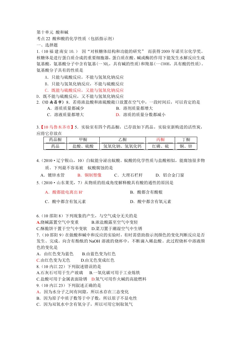 中考化学考点分析：酸和酸的化学性质