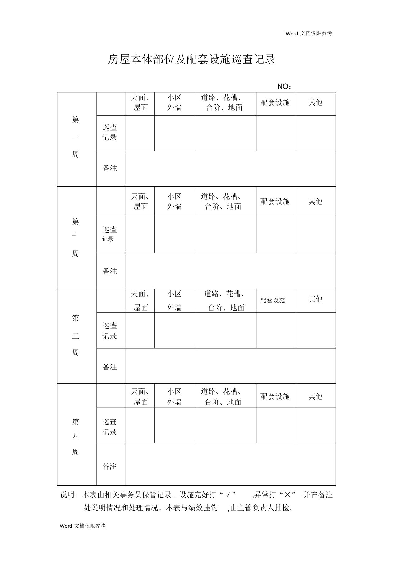 物业管理文档：房屋本体部位及配套设施巡查记录