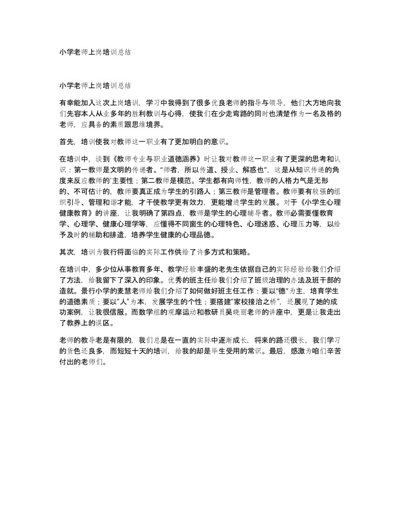 小学老师上岗培训总结