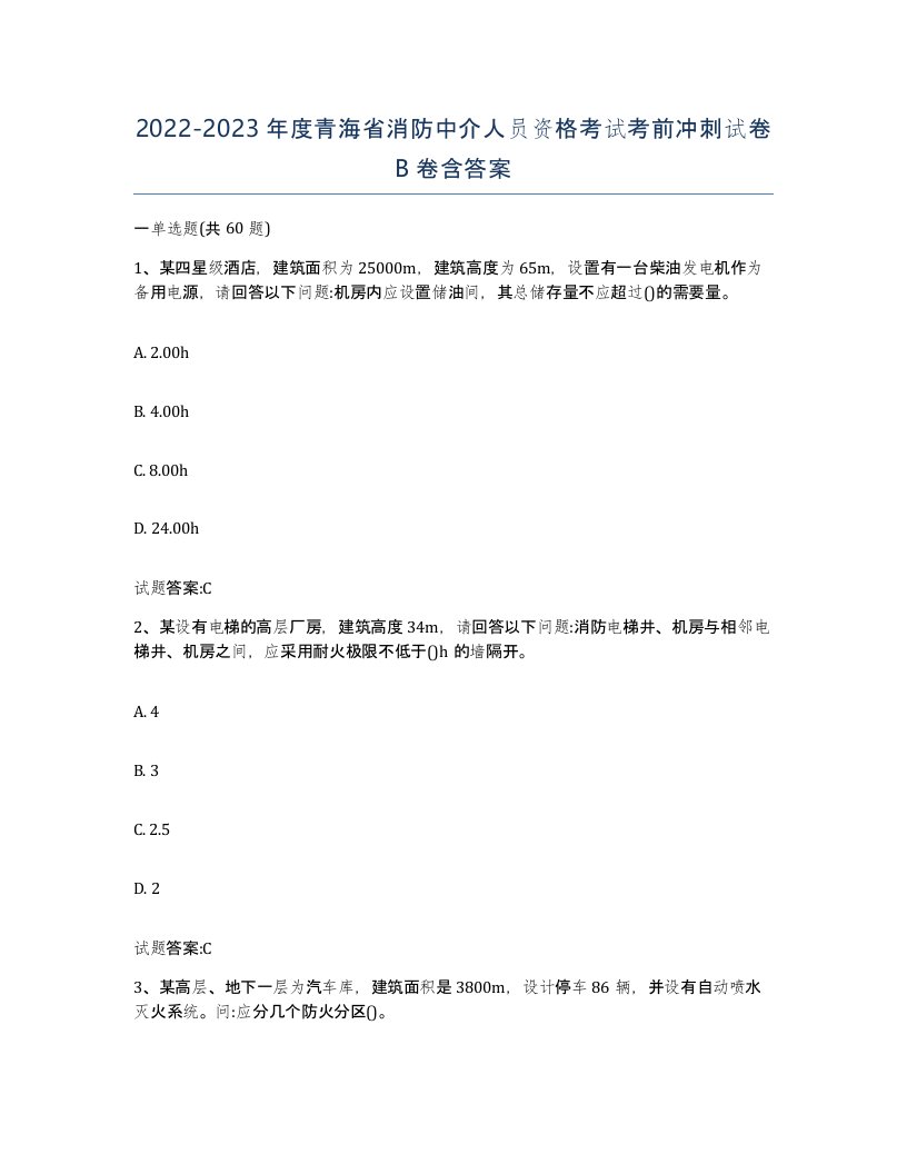 2022-2023年度青海省消防中介人员资格考试考前冲刺试卷B卷含答案