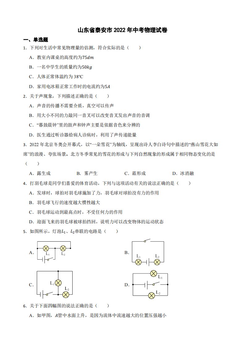 山东省泰安市2022年中考物理试卷附真题答案