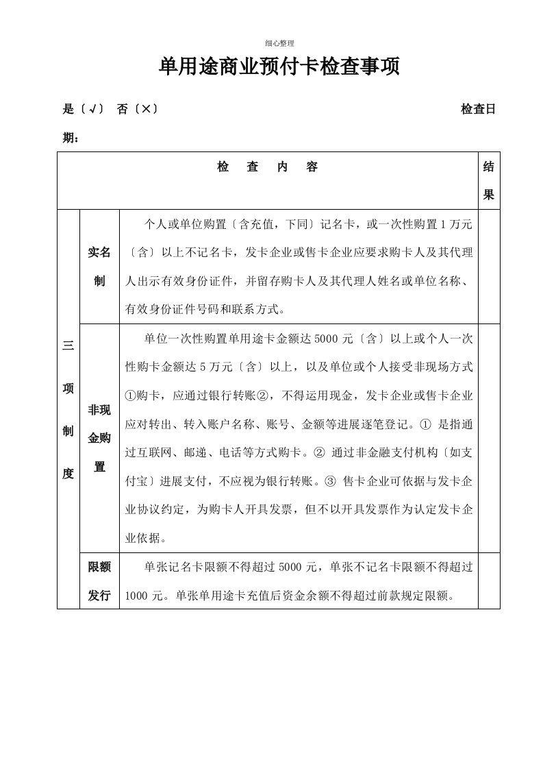 单用途商业预付卡检查事项