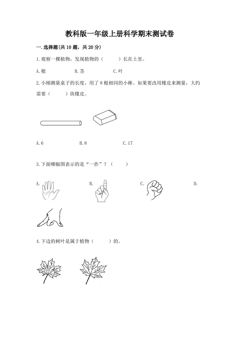 教科版一年级上册科学期末测试卷含完整答案（各地真题）