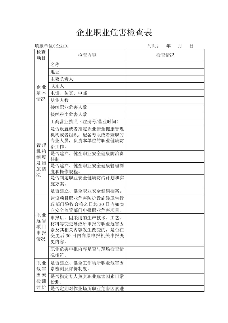 企业职业危害检查表