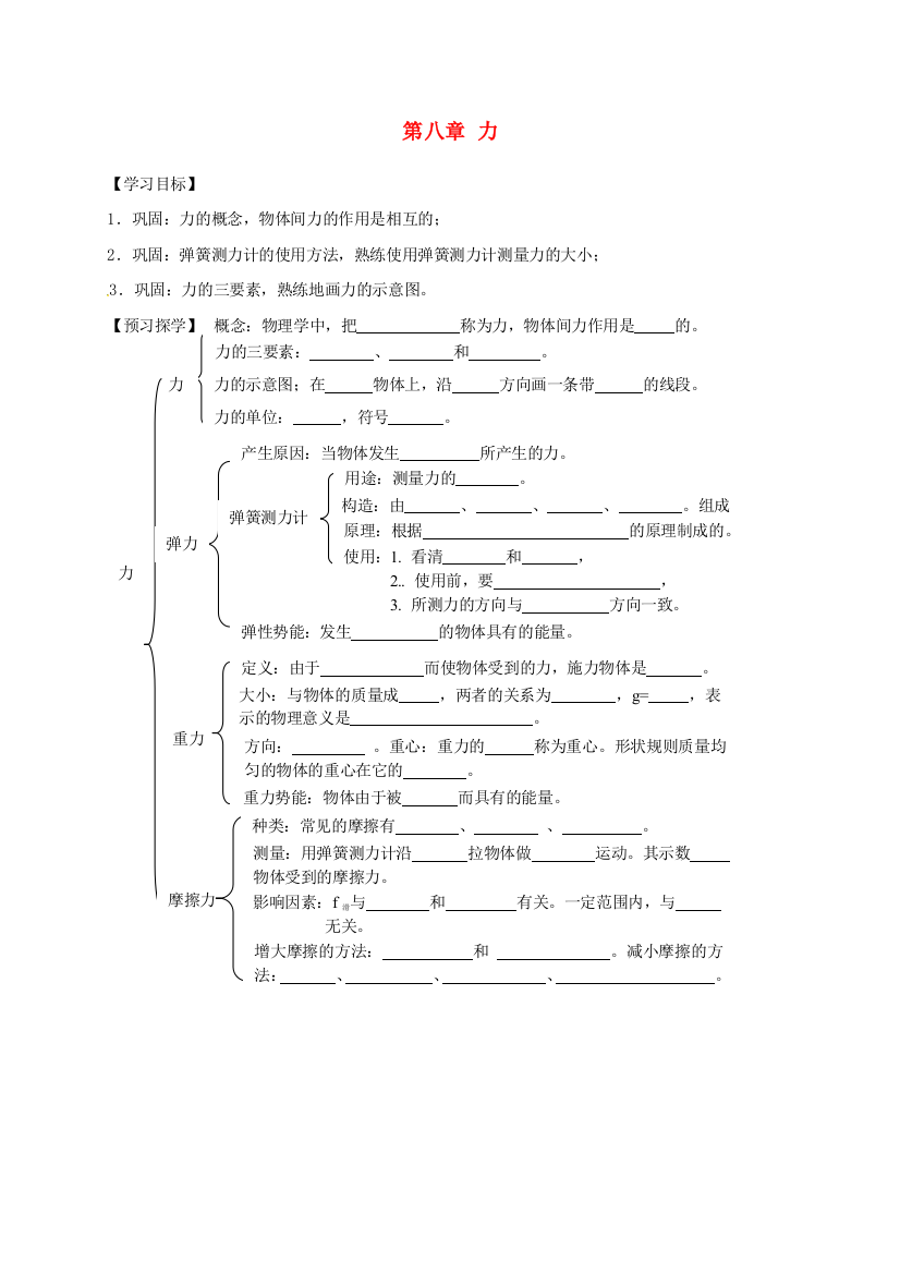 八年级物理下册-8-力复习导学案1无答案-苏科版